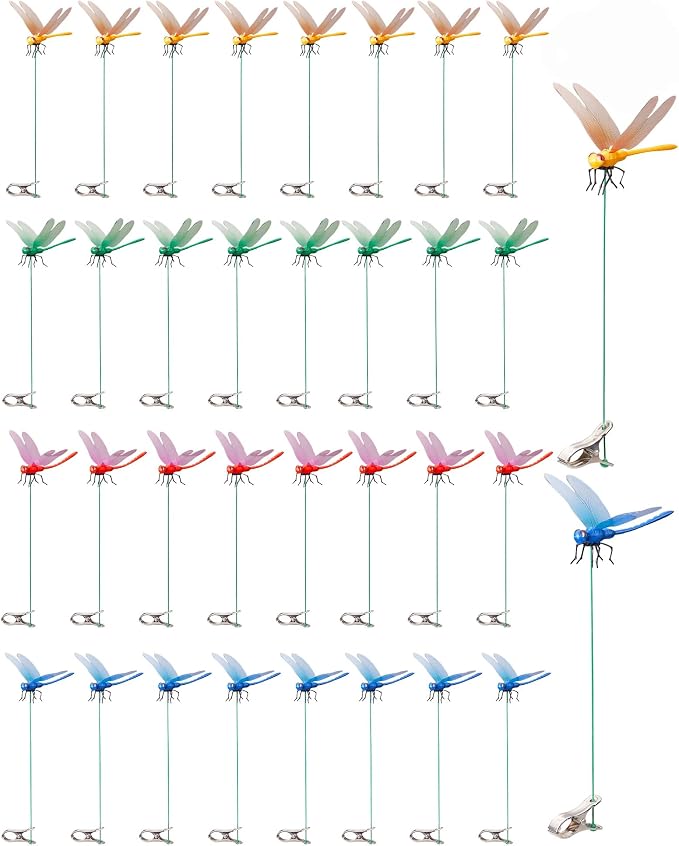 32 Pack Dragonfly Clips for Bugs Repellent, Fake Dragonflies with Stakes, Dragonfly Clip Bug Repellent, Dragon Fly Deterrent Clips for for Yard, Hat, Horse and Deer, Indoor & Outdoor Garden Decor