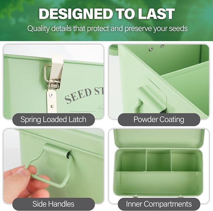 Seed Storage Box Organiser – Green Garden Seeds Tin with Lid, Side Handles, 4 Compartments & Safety Lock – Seed Packet Container for Gardeners – Gardening Gift Idea with Over 200 Accessories | Seed Tin with Lid, Handles, 4 Sections & Safety Lock, Over ...