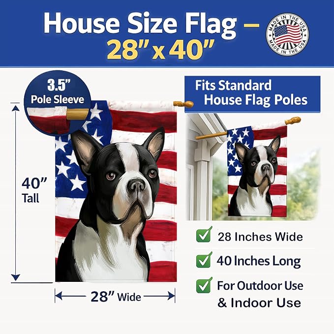Caroline's Treasures CK6451CHF Boston Terrier Dog American Flag House Flag Large Porch Sleeve Pole Decorative Outside Yard Banner Artwork Wall Hanging, Polyester, House Size, Multicolor