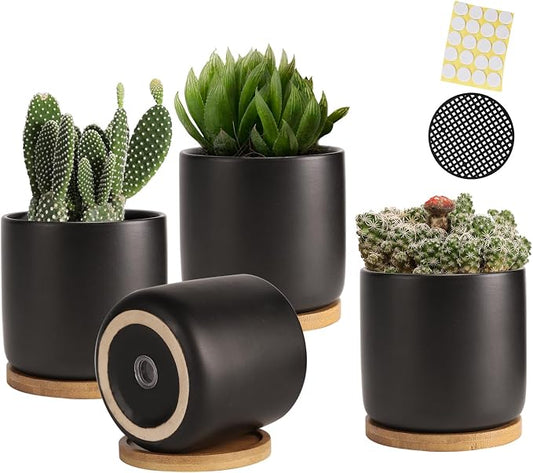 4 Inch Ceramic Plant Pots with Saucer, Black Pot with Drainage Hole | Flower Planter, with Mesh Pads, for Herbs Cactus, Home Decor, Set of 2, Plants Not Included