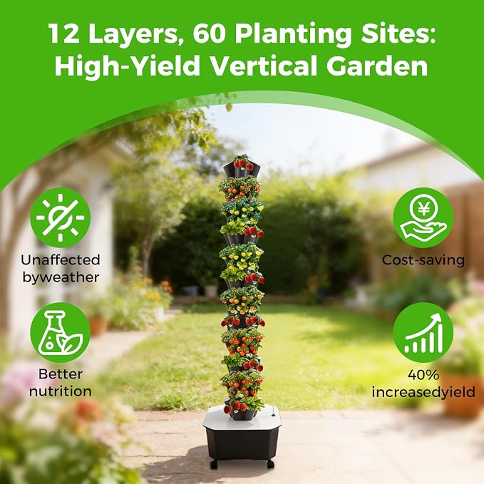 Hydroponic Grow Tower 12 Tiers 60 Holes, 6.6Gal Indoor Vertical Garden System with Water Pump, Automatic Water Circulation - Garden Hydroponic Growing Kit for Leafy Vegetables, Herbs, Strawberries