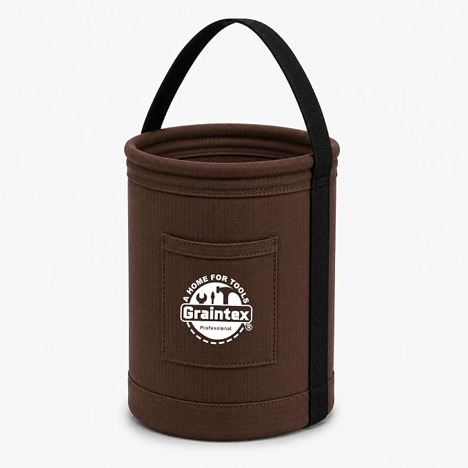 Graintex Canvas Utility Bucket 9.5"x14", Round Tool Bucket, Reinforced Base & Carry Handle, Ripstop Canvas, Ideal Multi-Purpose Bag for Jobsite, Gardening, Home Use, Tool Storage - Coffee Brown