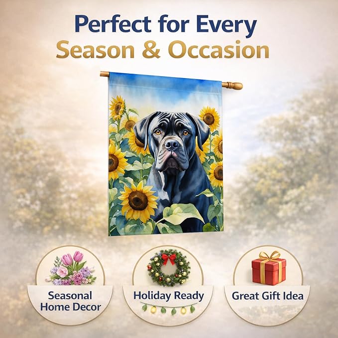 Caroline's Treasures DAC6045CHF Cane Corso in Sunflowers House Flag Large Porch Sleeve Pole Decorative Outside Yard Banner Artwork Wall Hanging, Polyester, House Size, Multicolor
