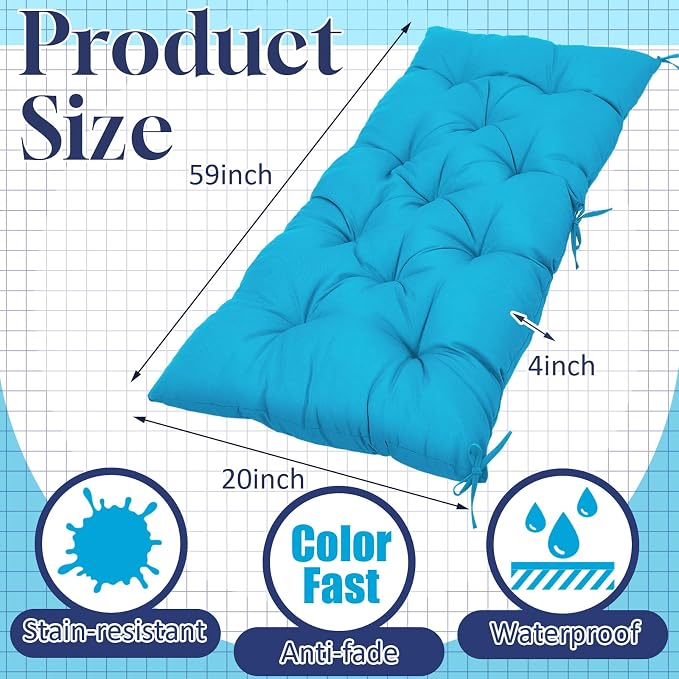Wenqik Outdoor Bench Cushion 59 x 20 x 4 Inch Waterproof Patio Swing Cushion with Removable Zippered Cover Adjustable Ties Seat Pad for Porch Bench Garden Loveseat (Lake Blue, Classic)