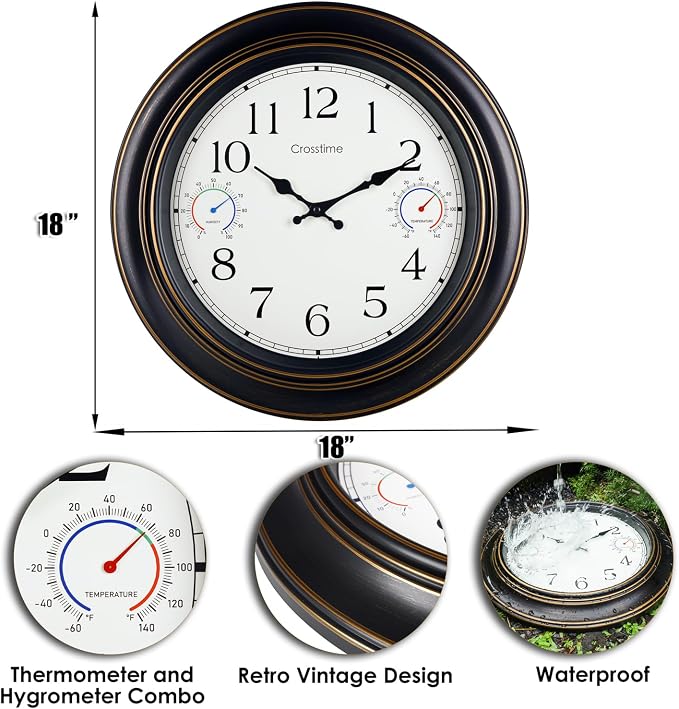 Crosstime 18 Inch Large Outdoor Clock Waterproof with Thermometer & Hygrometer - Silent Retro Wall Clock Decor for Patio, Pool, Garden, Backyard - Bronze
