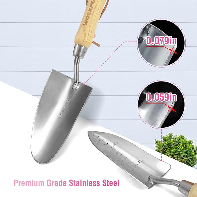 WORKPRO 8-Piece Pink Garden Tool Set, Stainless Steel Gardening Tools with Wood Handle, Including Garden Tote, Gloves, Trowel, Hand Weeder, Cultivator and More, Gardening Gifts for Women - Pink
