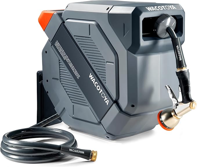 Retractable Garden Hose Reel, 1/2 in x 100ft | Heavy Duty Wall Mount, Metal Bracket & 9-Pattern Metal Nozzle, Any Length Lock, Slow Retraction, 180° Swivel