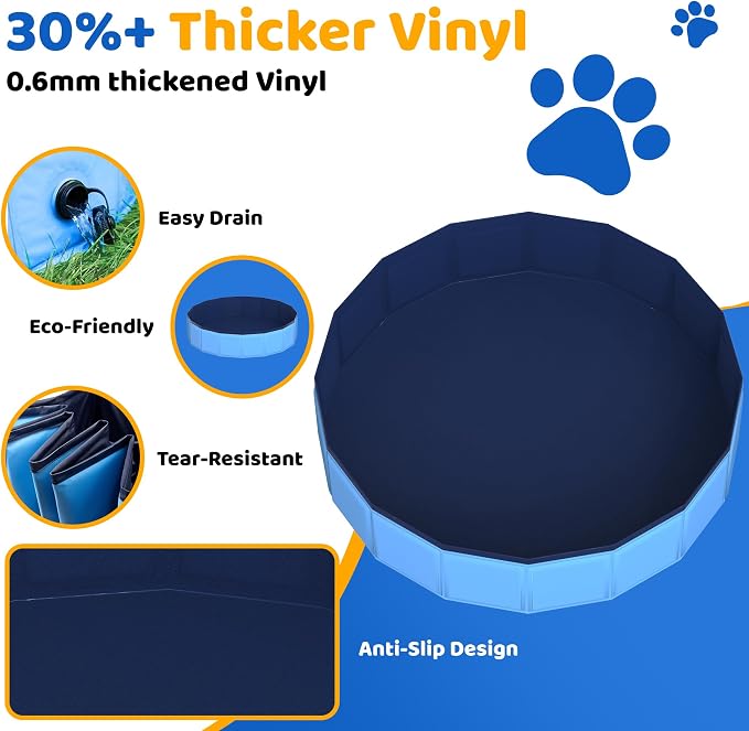 CACSPS 79" x 12" Foldable Dog Pool - Collapsible Hard Plastic Kiddie Pool for Dogs & Kids, Non-Slip Pet Bath Tub for Outdoor Backyard Use, Lightweight & Portable (Blue)