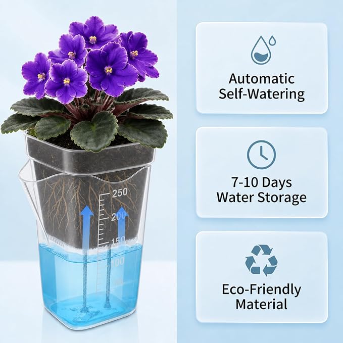 10 Pack 2.5" Self Watering Pots for Indoor Plants with Anti-Tip Tray & Reservoir Refill Bottle, Seed Starter Kit for Seedlings, Cuttings, Succulents, Herbs, 10 Plant Labels (Transparent)