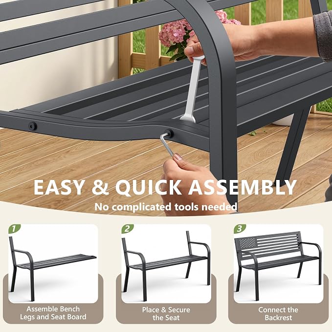 Outdoor Garden Bench with Classic Stars and Stripes Metal Backrest 2 Pack, Metal Bench, 2-Person Patio Bench for Outside Seating, Cast Iron Steel Porch Yard Lawn Furniture, Black