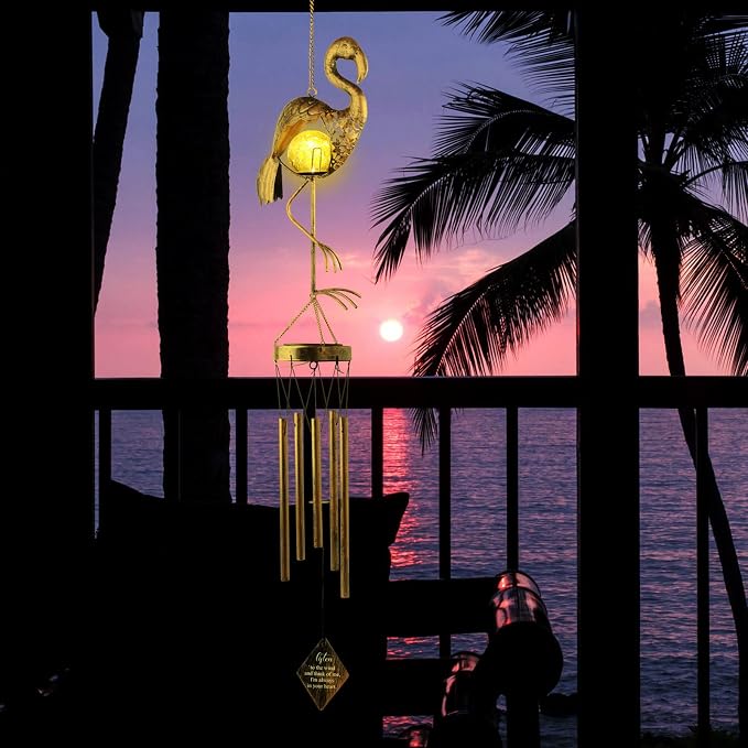 Solar Wind Chimes for Outside Gifts for Women Mom Grandma Sister Crackle Glass Ball Flamingo Wind Chimes Solar Lights Outdoor Decor for Garden Backyard Patio Yard Porch, Mothers Gift Birthday Gifts