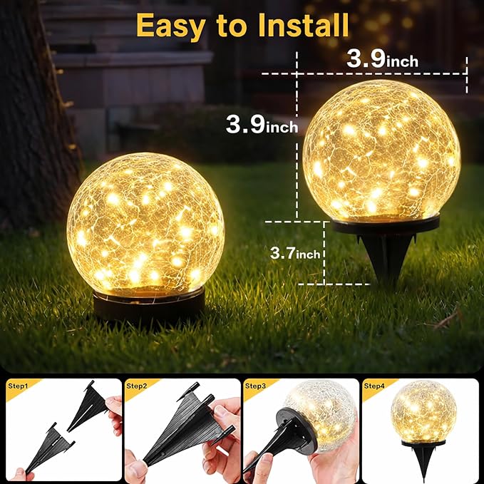 SyouHome Solar Garden Lights Outdoor Waterproof, 12 Pack | Cracked Glass Ball Light, Ground Landscape Garden Decor, Solar Globe Decorative for Pathway/Patio/Lawn/Yard
