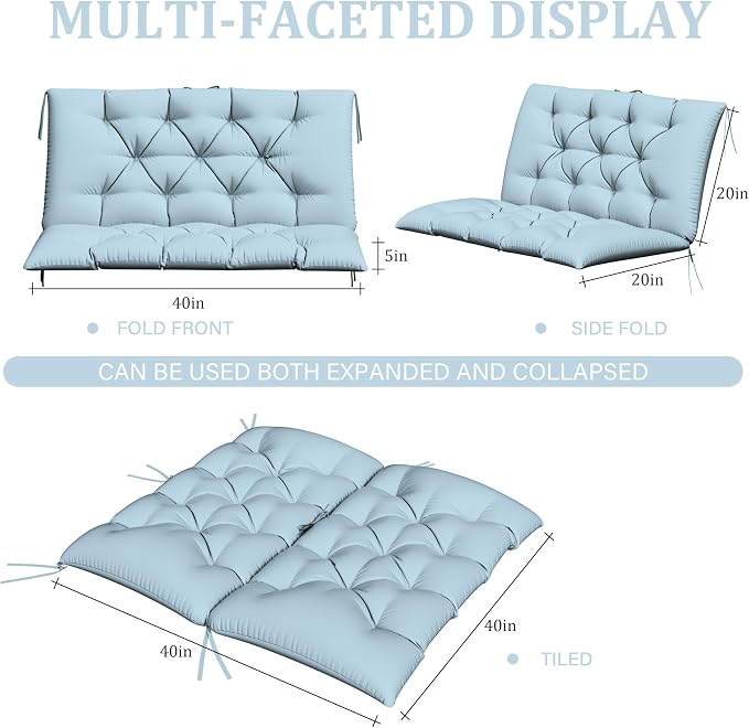 Porch Swing Cushion with Backrest,Waterproof Bench Cushion for Outdoor Furniture,2-3 Seater Replacement Thickened 5 in swing cushion,with Ties,Patio,Outdoor,Backyard and Garden (Sky Blue,40x40 in)