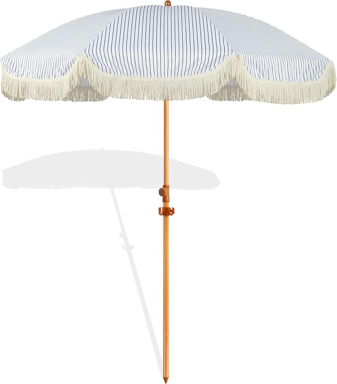 Seazul 6.5ft Patio Umbrella with Fringe, Beach Umbrella, Fringe Umbrella Outdoor Patio with Hanging Hook, Tilting Aluminum Pole, UV 50+, Fiberglass Ribs, Blue White Stripe
