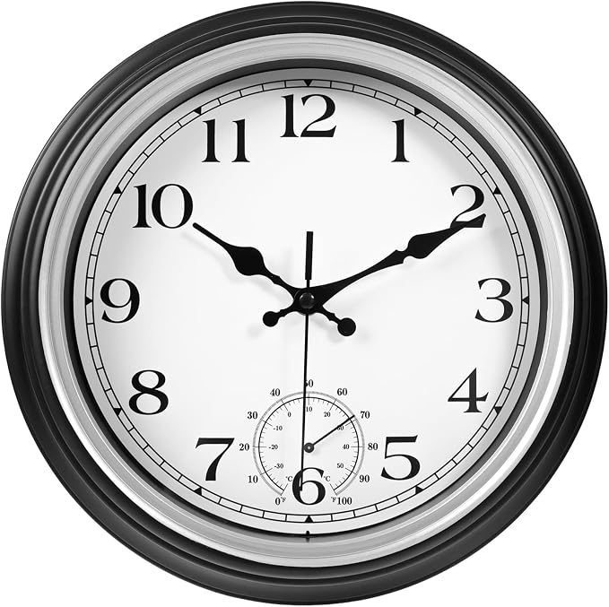 JoFomp Large Waterproof Outdoor Clock with Thermometer Combo - 12 inch Silent Non Ticking Quartz Battery Operated Wall Clock for Patio, Home, Pool, Garden, Porch, Deck (Silver, 12 Inch)