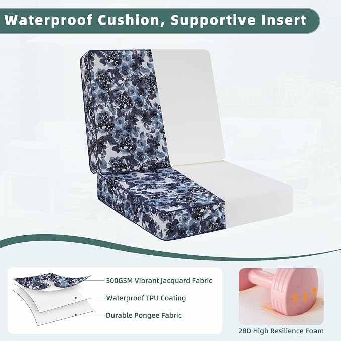 Favoyard Deep Seat Patio Cushion 19 x 19 x 3 in Waterproof Seat & Back Cushion Set with Color Fade Resisitant Pattern, Portable Handle, Attach Straps, Zipper on Removable Cover for Outdoor Furniture