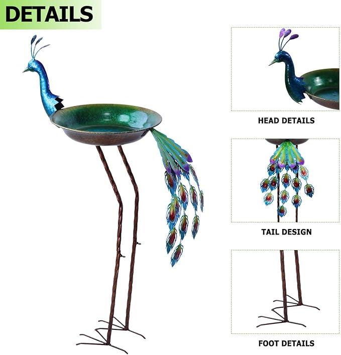 36" H Peacock Bird Baths for Outdoor, Metal Bird Feeder Seed Trayr,Outdoor Bird Bath,Garden Lawn Yard Decor