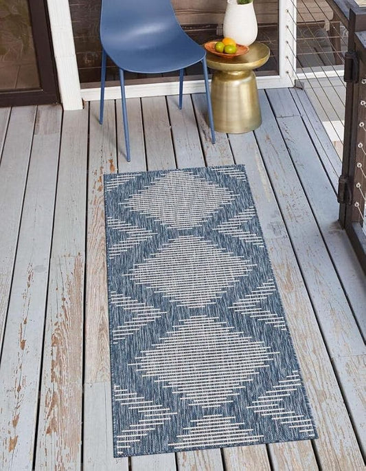 Unique Loom Outdoor Modern Collection Area Rug - Tambor (2' x 8' Runner, Blue/ Ivory)