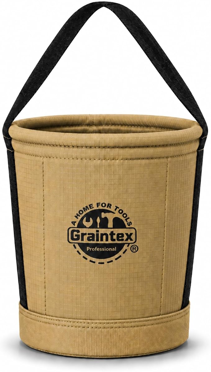 Graintex Tapered Canvas Bucket 12"x10"x15", Utility Tool Bucket 16 Inside Pockets, Reinforced Base & Carry Handle, Ripstop Canvas, Multi-Purpose Bag for Jobsite & Home Use for Tool Storage Solutions