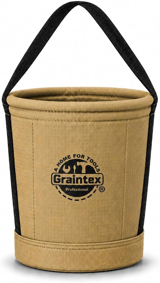 Graintex Tapered Canvas Bucket 12"x10"x15", Utility Tool Bucket 16 Inside Pockets, Reinforced Base & Carry Handle, Ripstop Canvas, Multi-Purpose Bag for Jobsite & Home Use for Tool Storage Solutions