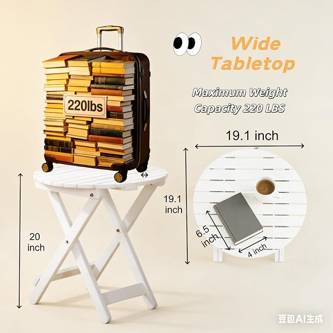 Outdoor Small Table, Round Folding Wooden Patio Side Table Furniture End Table for Adirondack Chair, Balcony, Porch, No Assembly Required, White