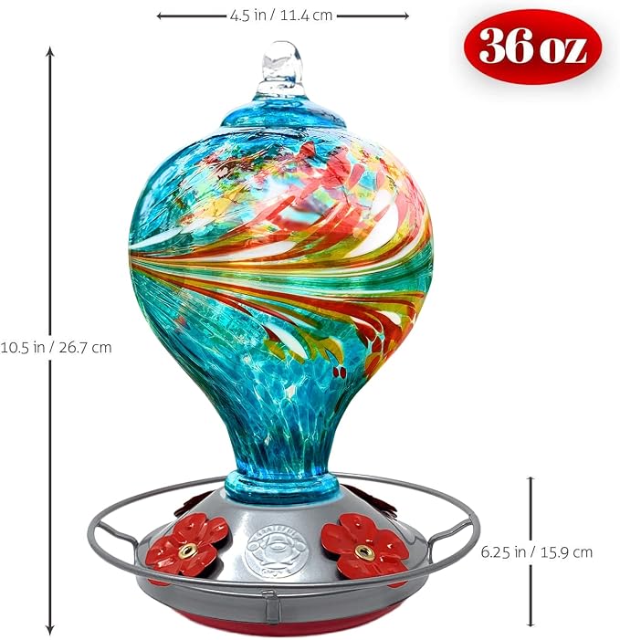 Hummingbird Feeder by Grateful Gnome - Large Hand Blown Stained Glass Feeder for Garden, Patio, Outdoors, Window with Accessories S-Hook, Ant Moat, Brush - 36fl oz, Large Blue Egg Design
