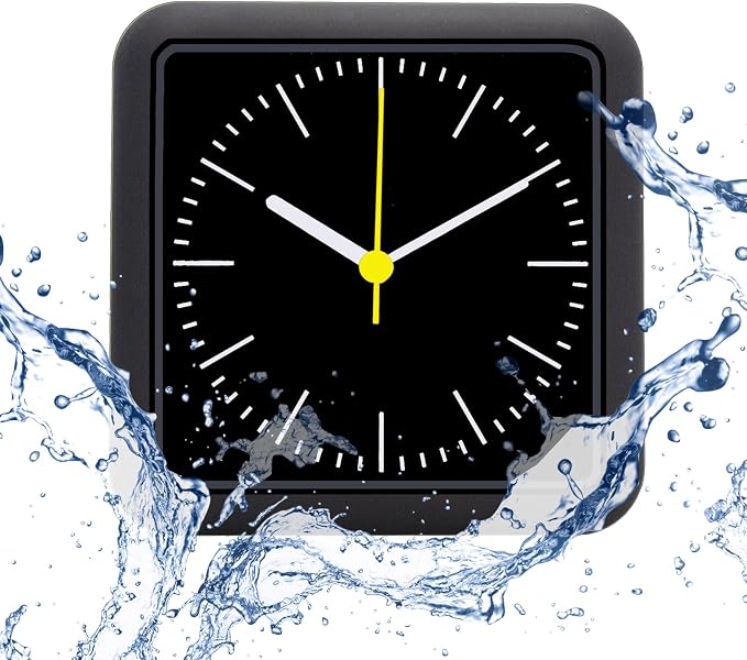 Bathroom Waterproof Wall Clock, Black Indoor Wall Clock with Suction Cup, Quartz Movement, Plastic Frame, Flexible Choice for Hanging Or Standing, Modern Silent Small Clock for Living Room and Kitchen