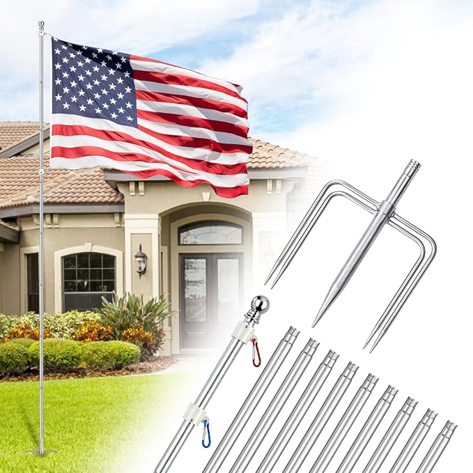 ZMTECH 12 FT Flag Pole in Ground, Heavy Duty Flag Pole Holder for Outside House with 5 Pronges Base, Extra Thick Flag Pole Kit for Yard Outdoor Garden Decor Residential Commerical Silver
