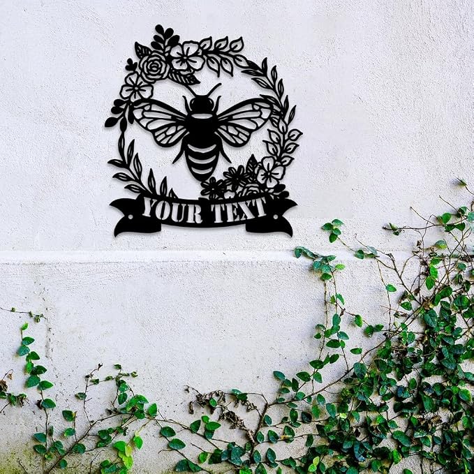 MeMate Personalized Metal Plaques, 8" - 24" Outdoor Decor, Bee & Flower Garden Signs, Rustic Shed Signs