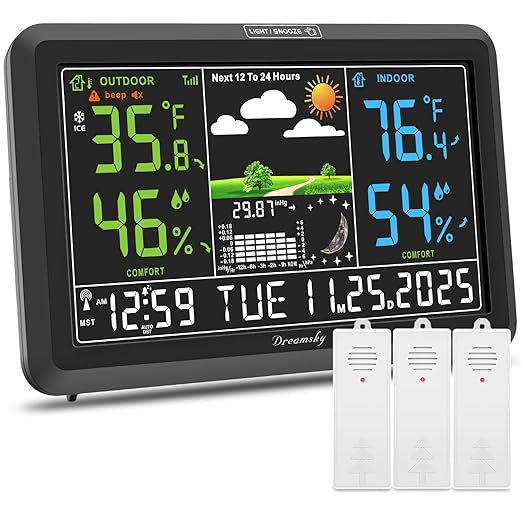 DreamSky Weather Station Indoor Outdoor Thermometer Wireless for Home | Digital Atomic Clock, Large Display with Dimmer, USB Port, Inside Outside Temperature Humidity Monitor (Plug-in)-3 Sensors