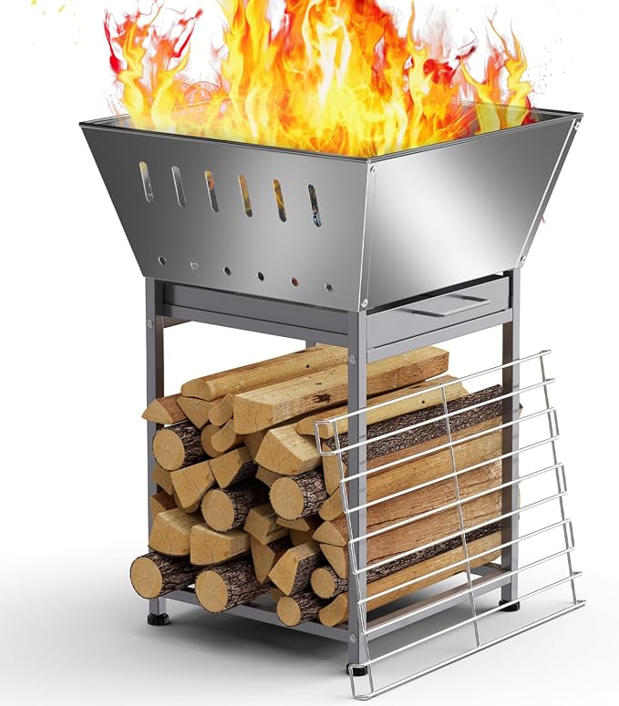 24 Inch Stainless Steel Outdoor Fire Pit with Grill 3-in-1 Wood Burning Fire Pits for Outside Square Firepit with Wood Storage and Ash Pan for Camping Patio Bonfire and BBQ