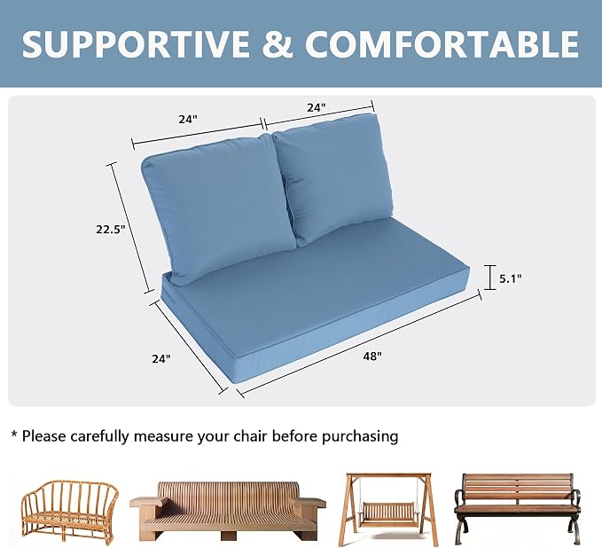 Goodgoods 48 x 24 Outdoor Loveseat Cushion Set, 1000+Hours Fade-Resistant & Water-Resistant Outdoor Furniture Chair Cushions with 35D High-Resilience Foam for Couch, Bench, and Swing, Light Blue