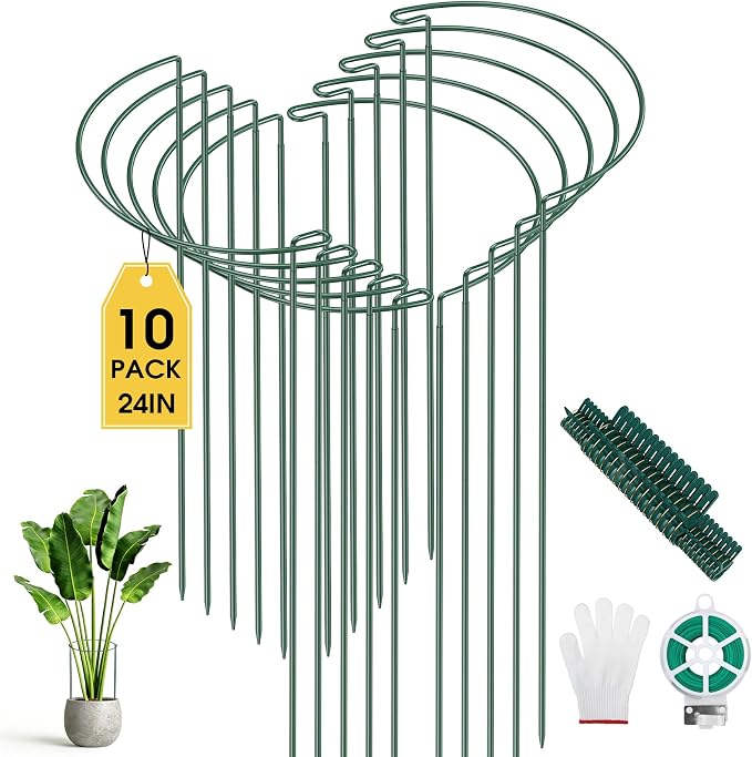 Unves 10 Pack Peony Cages and Supports, 10" W x 24" H Metal Plant Support Stakes, Half Round Peony Cage for Outdoor Plants, Garden Plant Stakes for Peony Tomato with Clips, Ties and Gloves