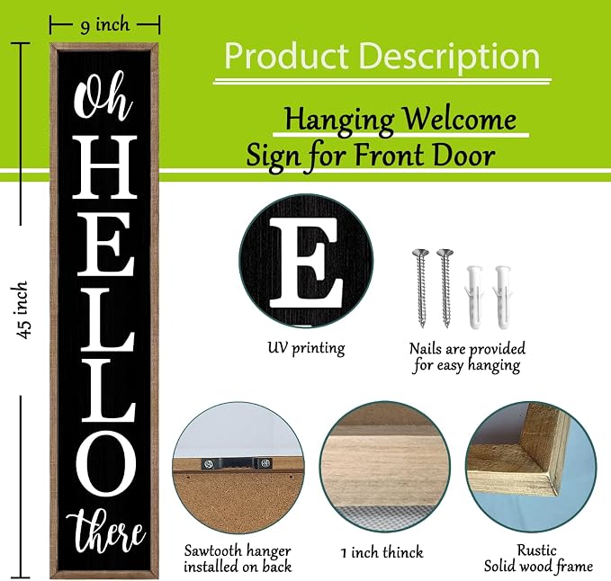 Oh Hello There Outdoor Welcome Sign For Front Porch Standing 45"X9" Large Rustic Farmhouse Vertical Tall Long Wooden Framed Outside Front Door Home Wall Decoration (Wood Black)