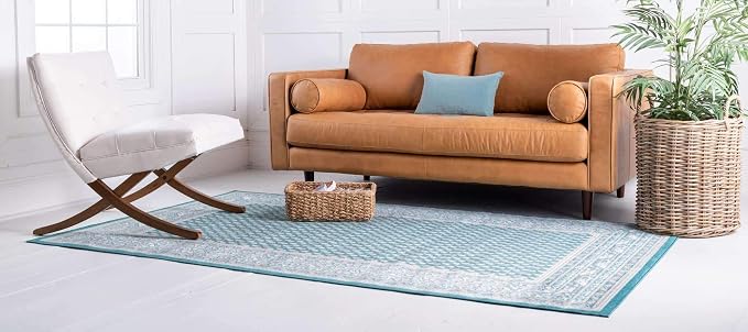 Unique Loom Williamsburg Collection Traditional Border with Dotted Center Area Rug (10' 0 x 14' 0 Rectangular, Teal/Beige)