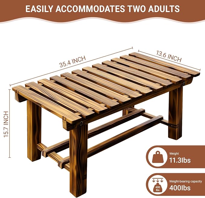 35.5" Outdoor Garden Bench, Weatherproof 2-Person Backless Wooden Bench with Mortise-Tenon Structure – for Garden, Lawn, Porch, Backyard （Brown