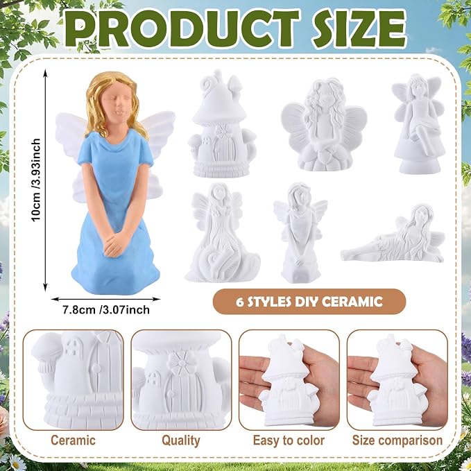Acellegic 6 Pcs Ceramics Fairy to Paint Ready to Paint Your Own Fairy Garden Mushroom Statue DIY White Ceramic Mushroom Houses for Yard Decor Summer Spring Painting Art