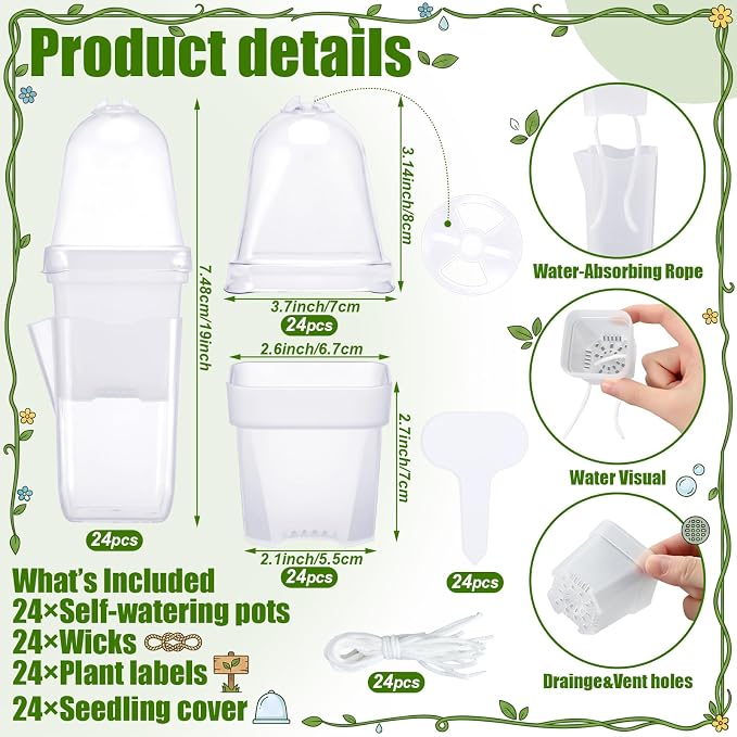 24 Pack 2.5" Small Self Watering Pots with Humidity Dome Clear Plastic Seed Starter Cups with Label Water Level and Drainage Holes for Cutting, Seedling, Propagation, Succulents, and Herbs
