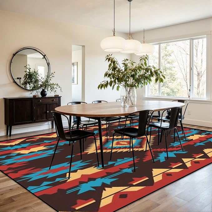9x12 Area Rugs for Living Room Native American Southwest Aztec Navajo Seamless Pattern Tribal Washable Large Area Rug for Bedroom Non Slip Outdoor Carpets Soft Mats Kitchen Home Office Decor