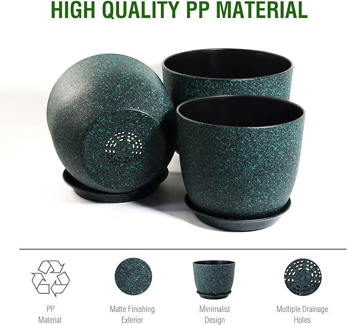 WSMKSZ Plant Pots 10/9/8 inch, Set of 3 Modern Decorative Plastic Planters with Drainage Holes and Saucers for Garden House Plants, Flower Pots for Indoor Outdoor Plants, Black with Green Speckles