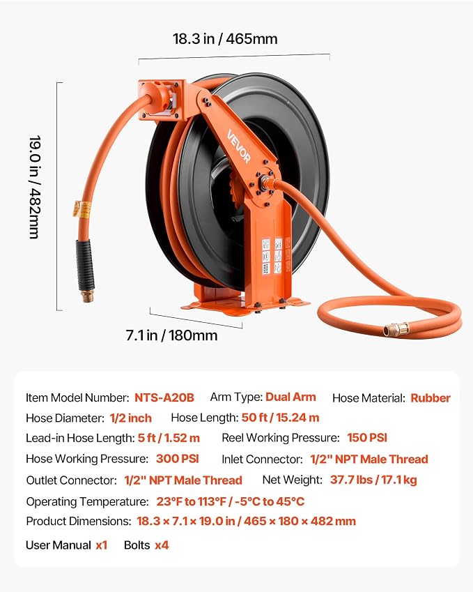 VEVOR Retractable Air Hose Reel, 1/2 Inch x 50 FT Rubber Air Hose Max 300PSI, Auto Rewind Air-Compressor Hoses Reel with 5 ft Lead in, Ceiling/Wall Mount Heavy Duty Steel Double Arm
