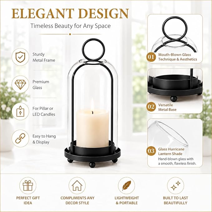 Hurricane Metal Candle Holder Set of 2, 12” & 7.5”, with Handcrafted Glass Dome for Pillar Candle, Plants & 2 Timer Candles for Indoor Outdoor Decor Decorative Table Centerpiece (Black, Set of 2)