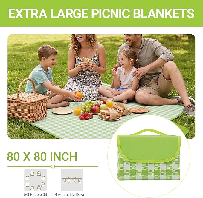 Waterproof Foldable Picnic Blanket Outdoor with Carry Strap,80"x80" Extra Large Beach Blanket Sandproof,Portable Soft Gingham Picnic Mat for Camping Travel Hiking Family Concerts Park(Green)