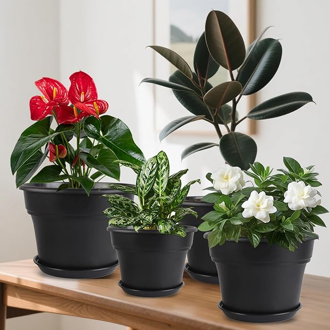 Myfeegoin 8-inch-Plant-Pots-Indoor-Outdoor, 4 Pack Plastic Planters with Drainage Holes & Saucers, Resin Flower Pots with Trays, Classic Garden Pot Container for House