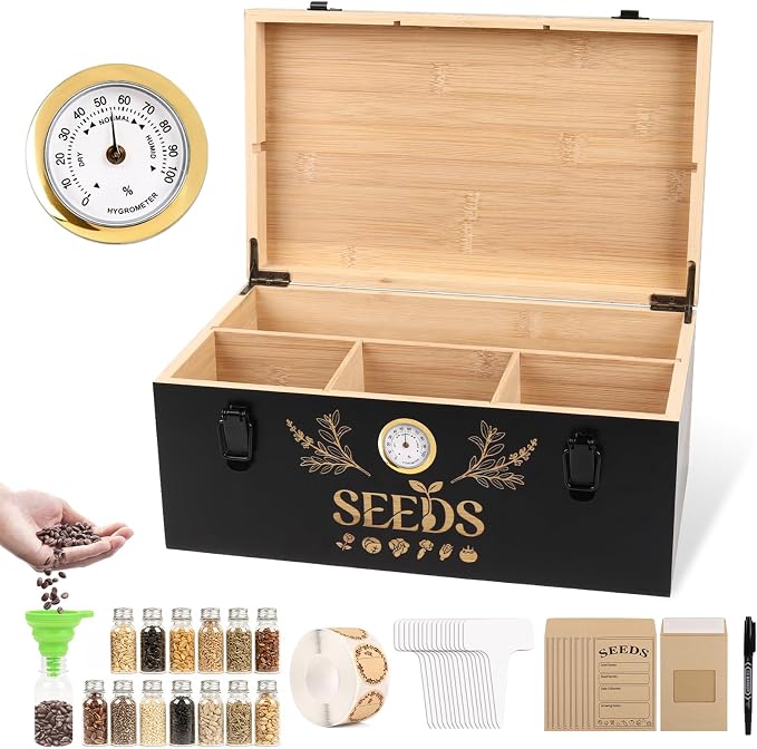 Seed Storage Box with Built-in Hygrometer, Natural Bamboo Seed Saving Box with Seal Design Lid, Safety Lock & Solid Handles, Extra Seed Envelopes and Labels – Great Gift for Gardeners (Black)