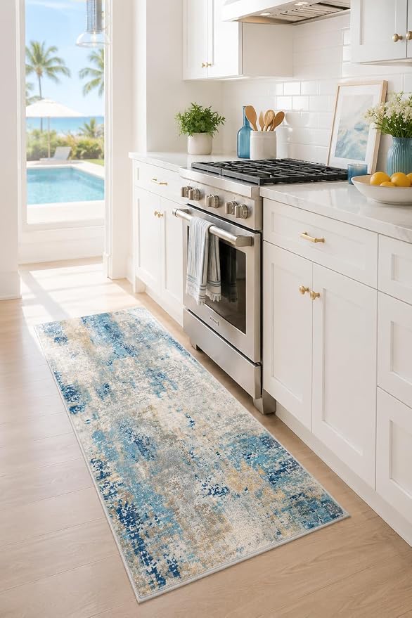 Lahome 2x4 Washable Hallway Runner Rug, Non Slip Runner Rug, Easy Clean Soft Stain Resistant Carpet for Entrance, Front Door, Door-Friendly Mat with Low Pile, 2 x 4 Blue/Ivory