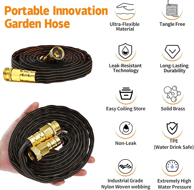 10FT Lightweight Garden Hose,Non-Slip Handles,Non-kink Hose,Flexible Water Hose Leader Hose for Boats, RV Water Hose,Marine Washdown,Lawn,Garden,Leakproof TPE Hose (OrangeBlack, 10 Ft)
