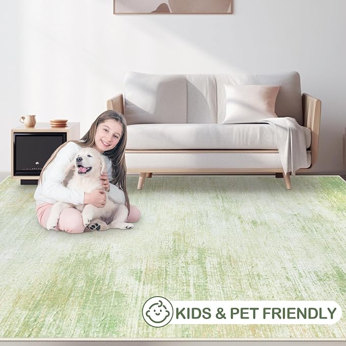 Area Rugs 5x7 Living Room: Washable Rug Modern Abstract Rugs Soft Non Slip Neutral Rug Stain Resistant Indoor Carpet for Bedroom Kitchen Dining Room Nursery Home Office Rugs(Green,5'x7')