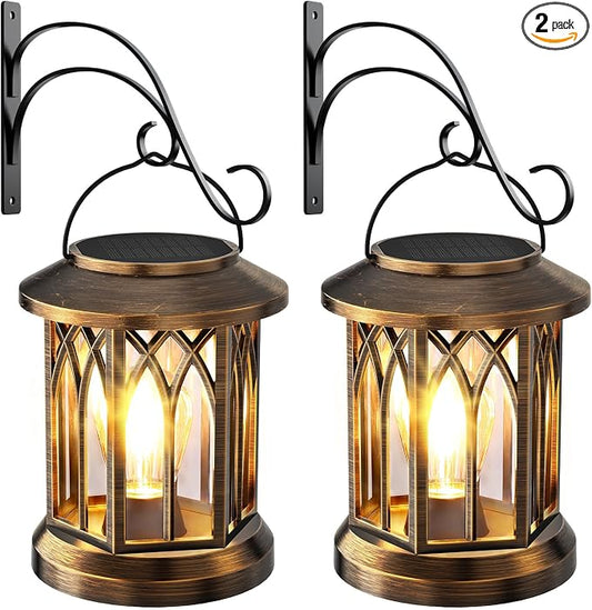 Solar Lantern Outdoor Lights with Wall Mount Kit, 2 Pack Upgraded Solar Lanterns Outdoor Waterproof, Hanging Solar Lights for Outside Decorative Yard Patio Path Porch Garden(Antique Copper)