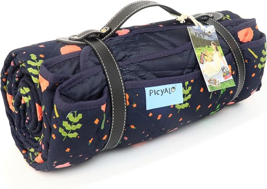 80x80” Double Thickened Picnic Blankets(150g High Density Cotton Stuffed) Navy Blue Floral Pattern Outdoor Picnic Mat Portable Picnic Blanket Foldable with Leather Carry Strap Beach Blanket